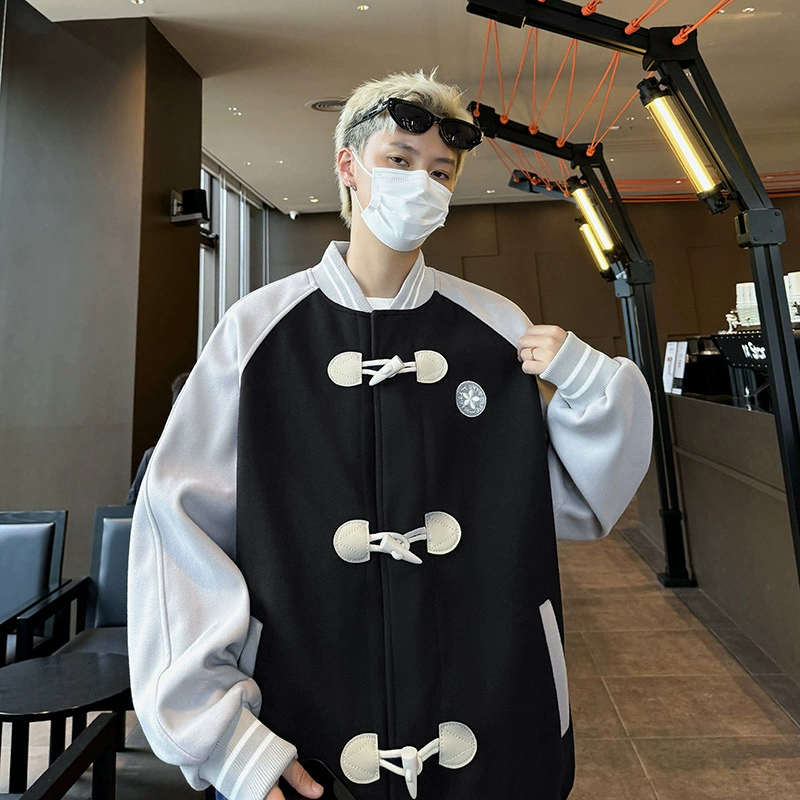 Модная сшитая колорит рога пуговицы шерстяной бейсбольный костюм куртка для мужчин и женщин осень ретро свободная спортивная пара куртка