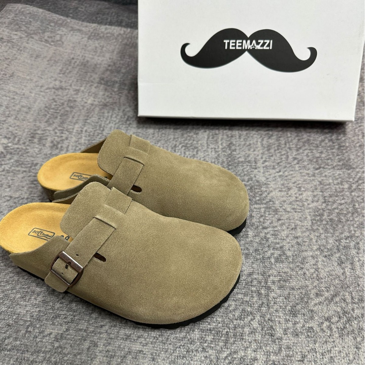 TEEMAZZI ganado de vello con zapatillas de cuero perezosas, zapatillas de moda versátiles con base de corcho Bocken image 5