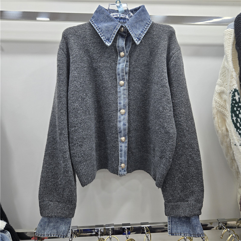 Suéter europeo abrigo de peso pesado femenino 2025 nuevo estilo coreano de principios de otoño falso de dos piezas de alta calidad camiseta de punto denim image 2