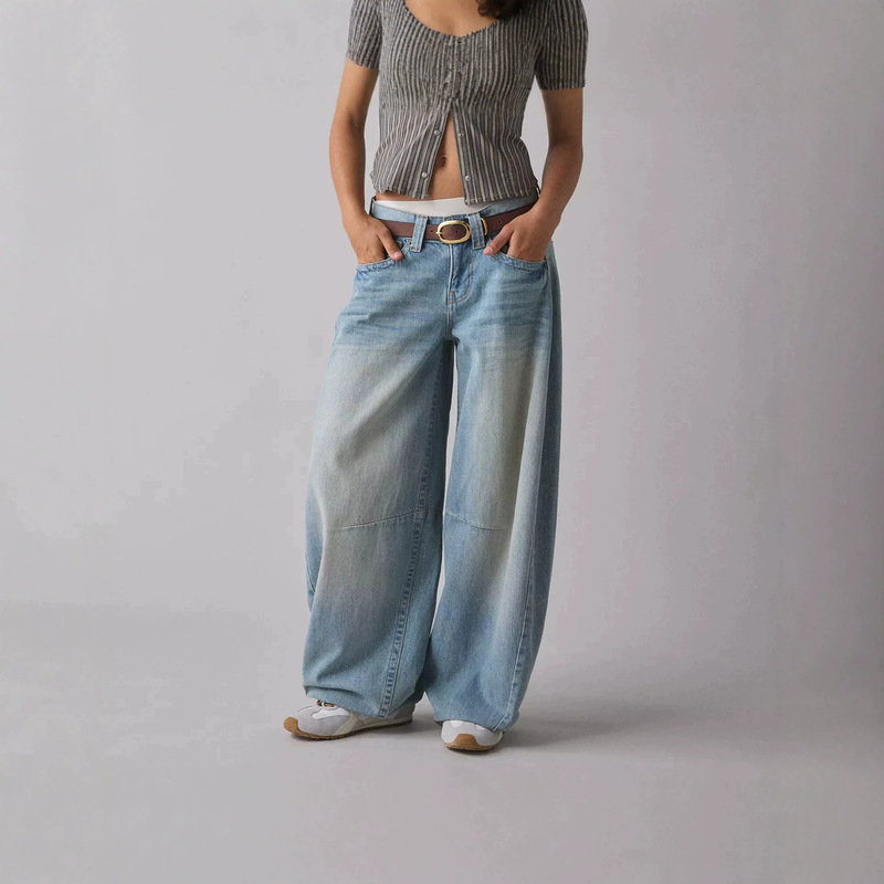 Custom-Made High-End Design Washed Low-Waist Balloon Jeans for Women, Loose Wide-Leg Barrel-Shaped Long Pants for Cross-Border Trade