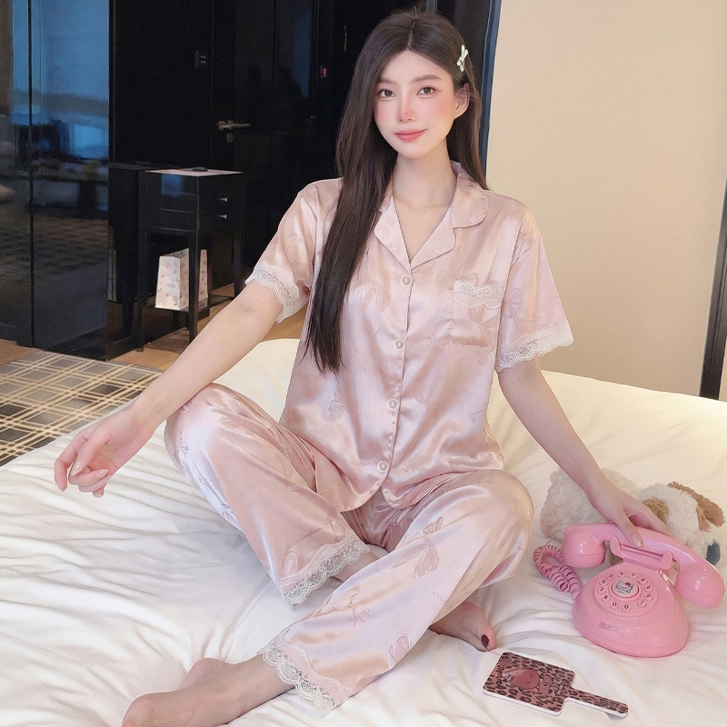 Korean-Style Pink Bow Jacquard Imitation Silk High-Quality Short-Sleeve Two-Piece Loungewear for Women