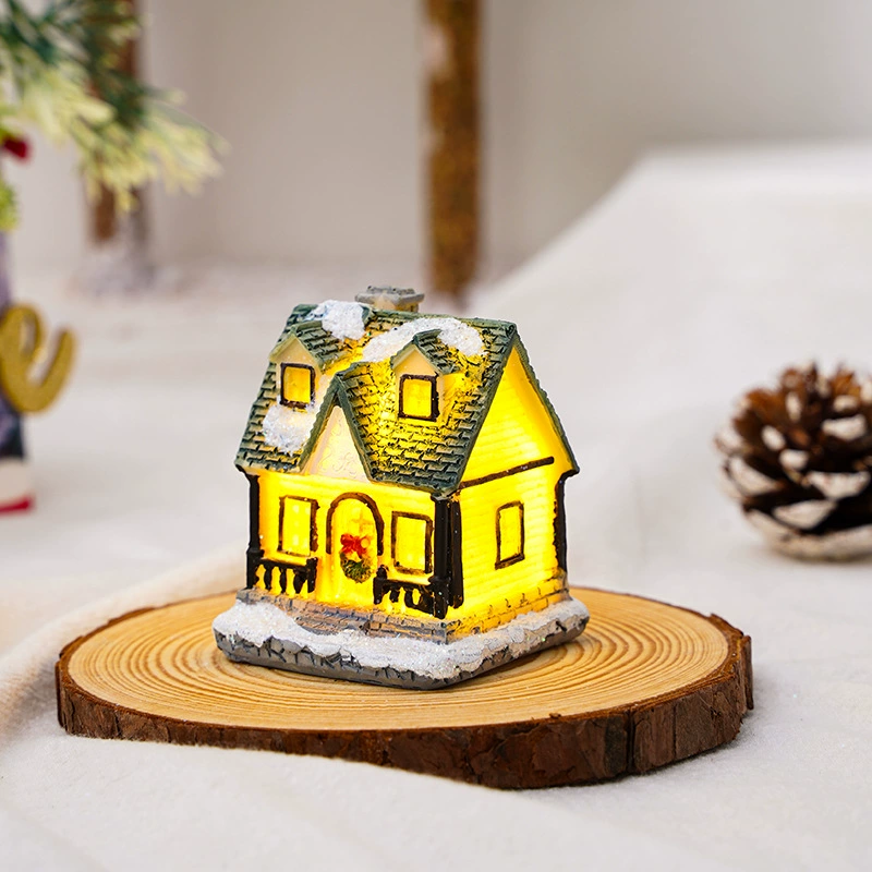 Miniature resin house decorations, micro landscape LED models, battery‑powered, assorted sizes 7–10 cm