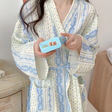 甜美小清新复古条纹碎花睡袍睡裙睡衣女款春秋季长袖浴袍家居服夏