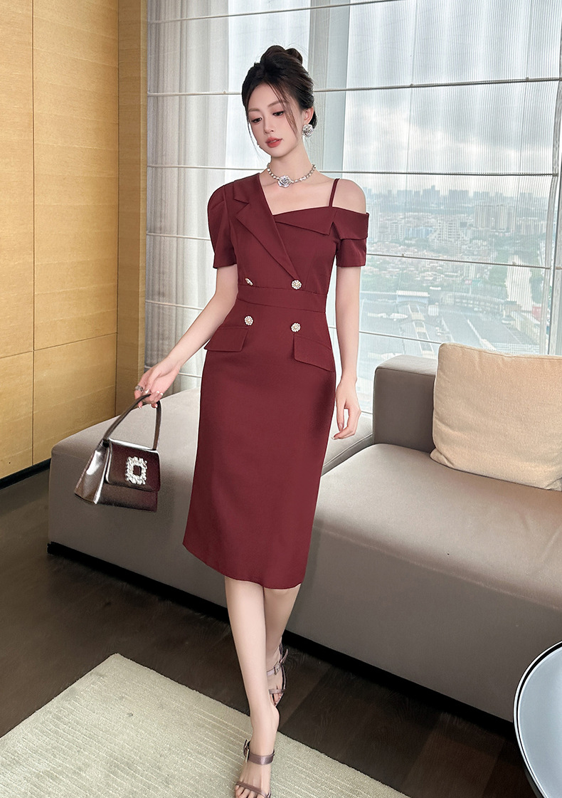 Đầm liền thân nữ trễ vai ôm dáng dài ngang đùi kiểu Pháp — Màu đỏ son chi tiết 9