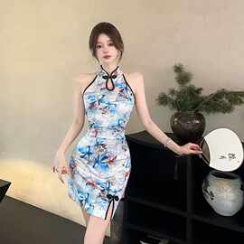 时尚性感辣妹新中式改良旗袍包臀短裙女复古气质印花挂脖连衣裙