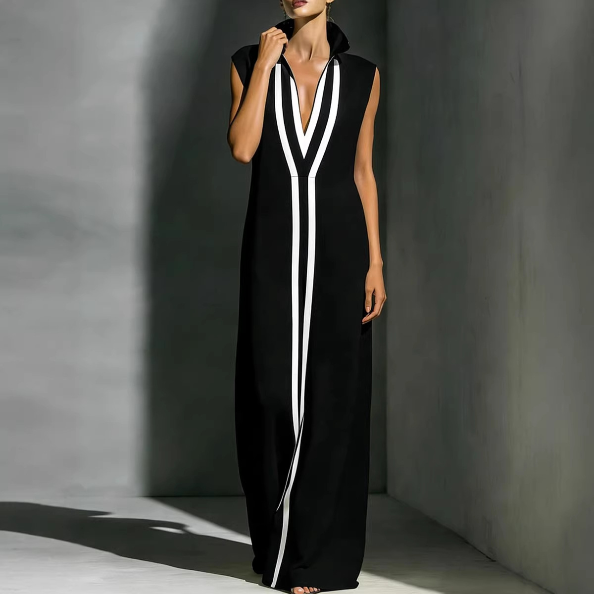 Elegant V-Neck Color-Block Casual Midi Dress For Women, Breathable Stretch A-Line Sundress For Daily Wear, Travel, And Office_ecoleips.com