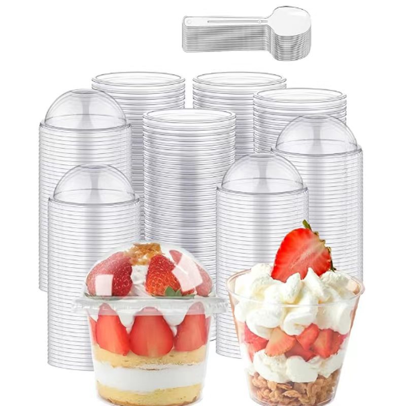 Amazon transfronterizo desechable PS taza de plástico transparente dura taza de pastel de mousse taza cuadrada con cubierta y cuchara conjunto