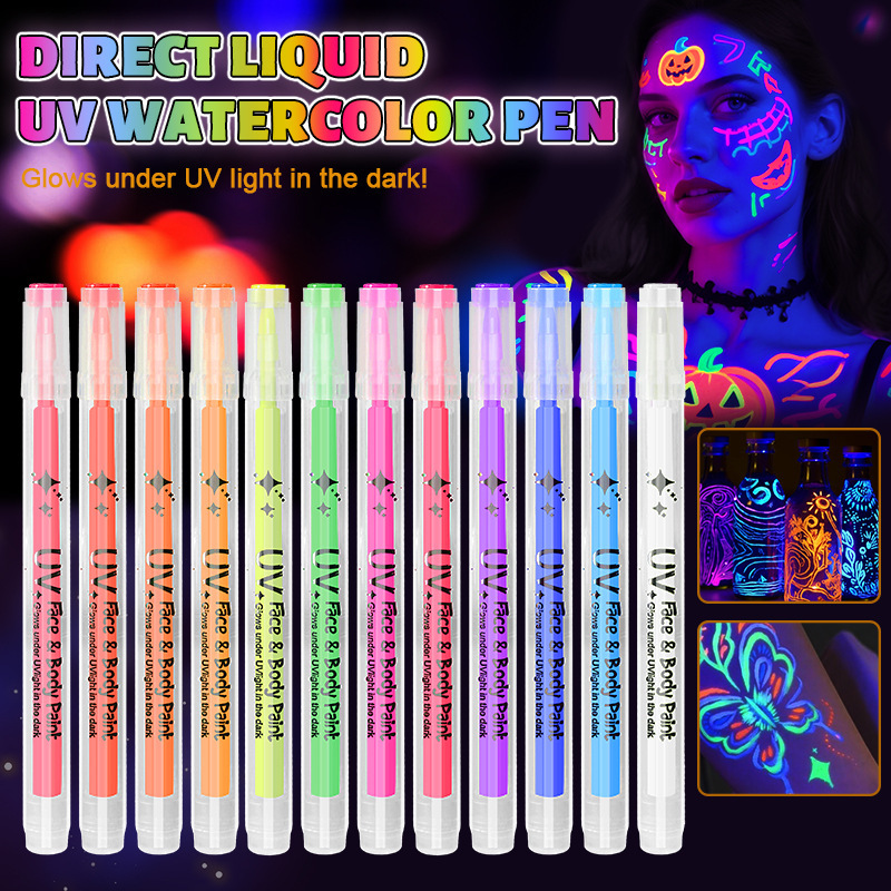 Cross-Border 12-Color Uv Luminous Body and Face Painting Pen Luminous Pen Acrylic Pen Bar Party Creative Graffiti Pen