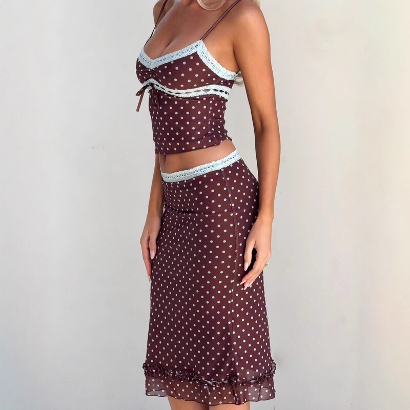 Printed Mesh Midi Skirt with Brown and Blue Polka Dots, Contrasting Lace Trim and Ruffled Hem Set Printed Mesh Midi Skirt with Brown and Blue Polka Dots, Contrasting Lace Trim and Ruffled Hem Set