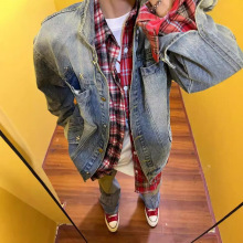 美式高街潮牌小众复古做旧工装休闲上衣宽松百搭牛仔夹克外套男女