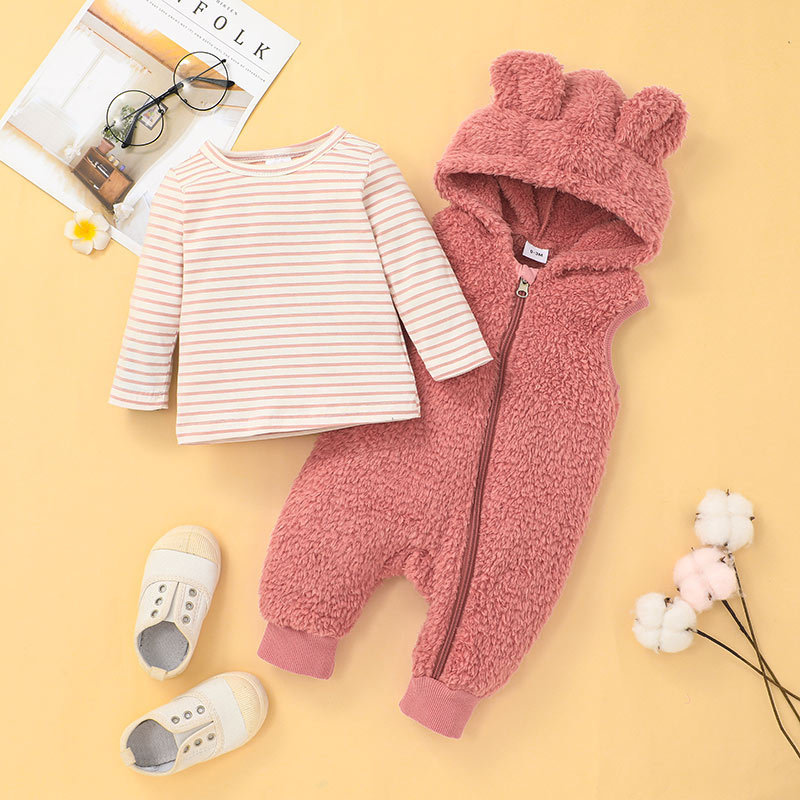 Cute Baby Hooded Jumpsuit Striped Long-sleeved T-shirt Suit display picture 3