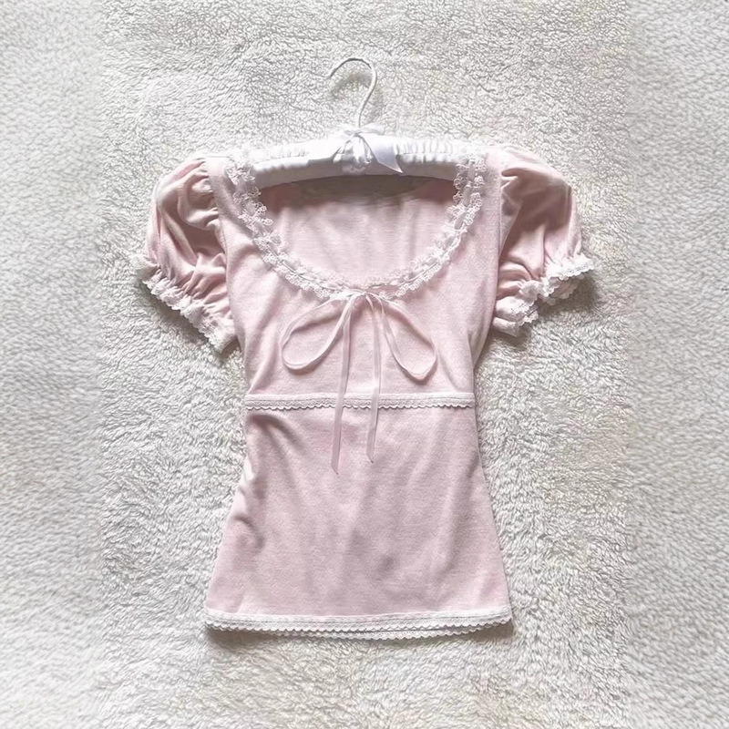 French Retro Pure Lust Lace Splicing Bow Right Shoulder Short-Sleeved T-Shirt Summer New Sweet Pure Color Top