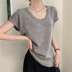 シックなUネックボトムストップス2025年夏ファッショナブルでシンプルなインナーTシャツレディース薄手ハイエンドニットセーター半袖