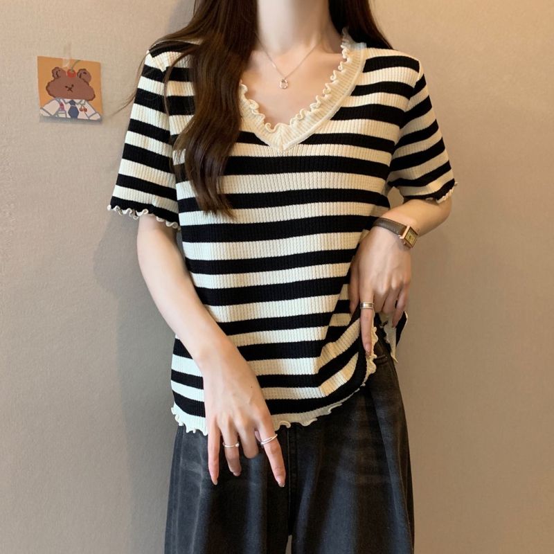 300斤大码女装边条纹V领短袖T恤夏季胖m遮肚显瘦百搭洋气上衣跨境|undefined