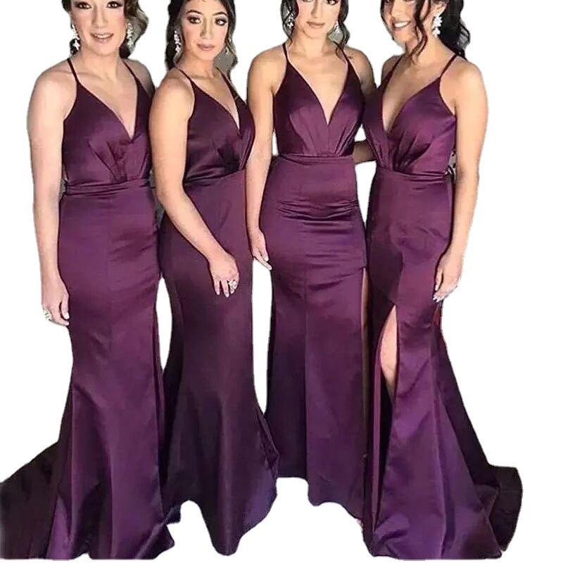 Comercio exterior europeo y americano Amazon AliExpress deseo nuevo Satén de las mujeres con cuello en V vestido de noche sexy fishtail Split image 5