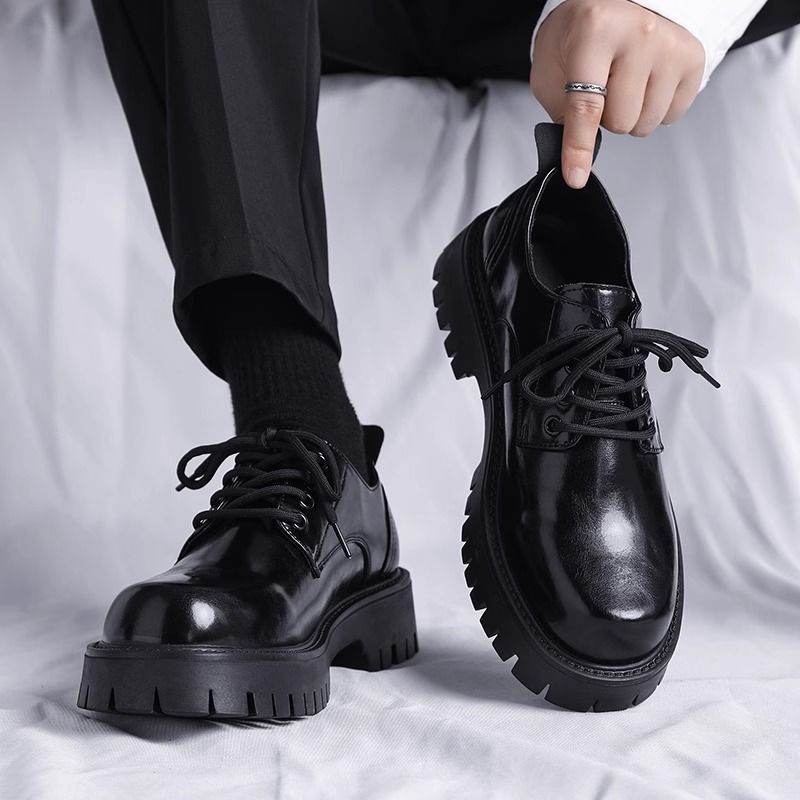 Autumn black shoes for leisure English style with hidden heel