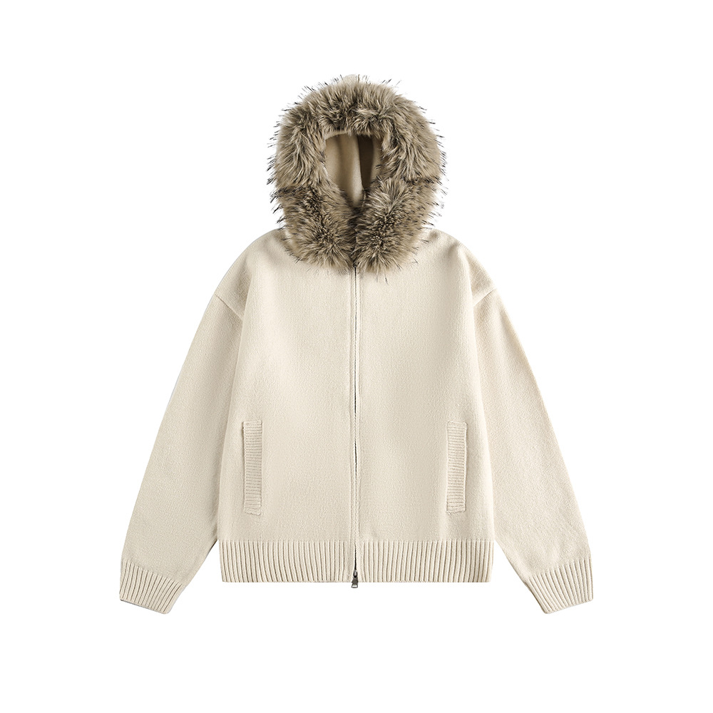 "Retro Detachable Faux Fur Collar Cardigan – Unisex Hooded Sweater Coat (Flower Gray/Black/Bluish/Apricot, S-XXL)"_viptrois.com