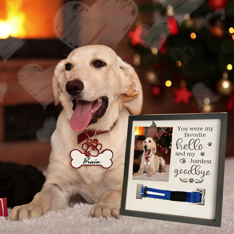 In-Stock Wooden Pet Photo Frame Display Stand, Square-Shaped Cat and Dog Paw Print Commemorative Photo Ornament, Pet Dog Collar Photo Frame