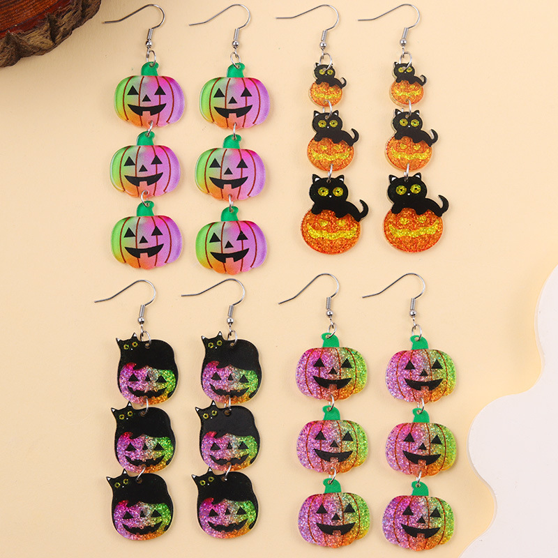 新しいハロウィンイヤリング、明るいコントラストカラー、ロングカボチャアクリルイヤリング、パーティーパーソナライズイヤリング、女性用イヤリング|undefined