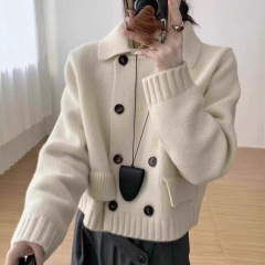 2025秋冬新款翻领双排扣针织开衫女韩版设计感宽松百搭毛衣外套潮