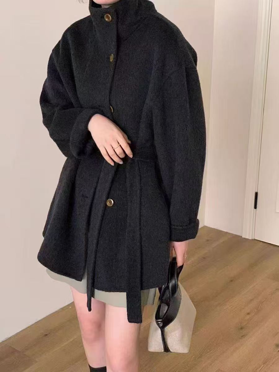 2024新型ヘボン風両面ウールコート女性韓国版学院風小柄で痩せ毛が見えるコート立襟