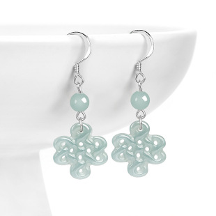Natural A goods jade blue water Chinese knot earrings S925 silver set ice jade stone earrings antique earrings women's earrings