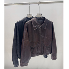 2025秋冬新款真皮油蜡绵羊皮皮衣外套女短款休闲翻领宽松皮夹克潮
