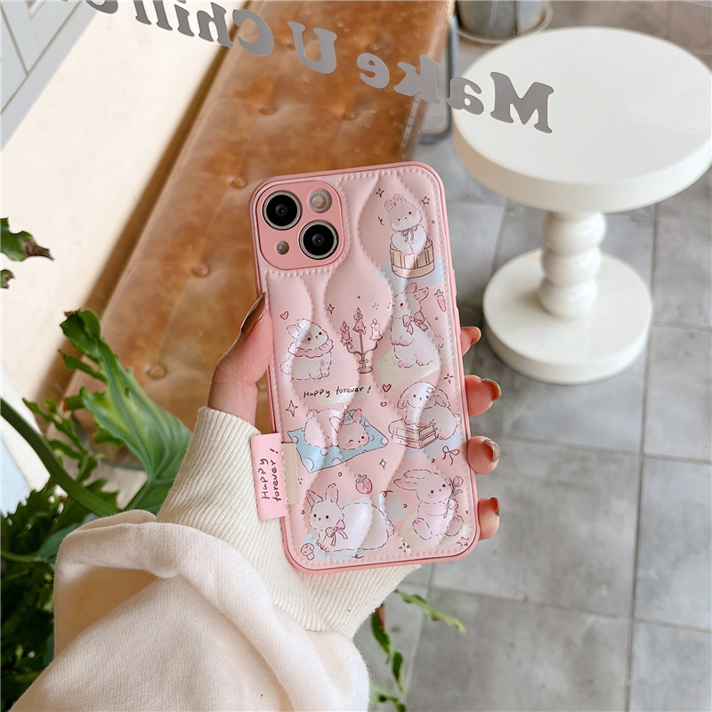 Estilo coreano lindo Oso de dibujos animados conejo abajo chaqueta adecuado para iPhone14 Apple 15PROMAX teléfono caso 13 mujeres