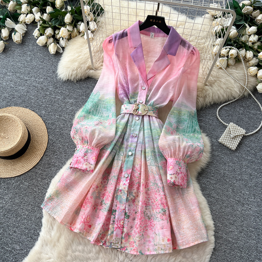 Women's French Romantic Gradient Print Dress Long Sleeve Single Breasted Button down Waist Tie Elegant Long Summer Dress_ecoleips.com