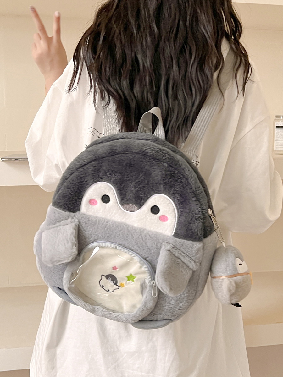 Mochila mujer bordado de dibujos animados pingüino estilo JK bolso de muñeca felpa pequeña mochila linda