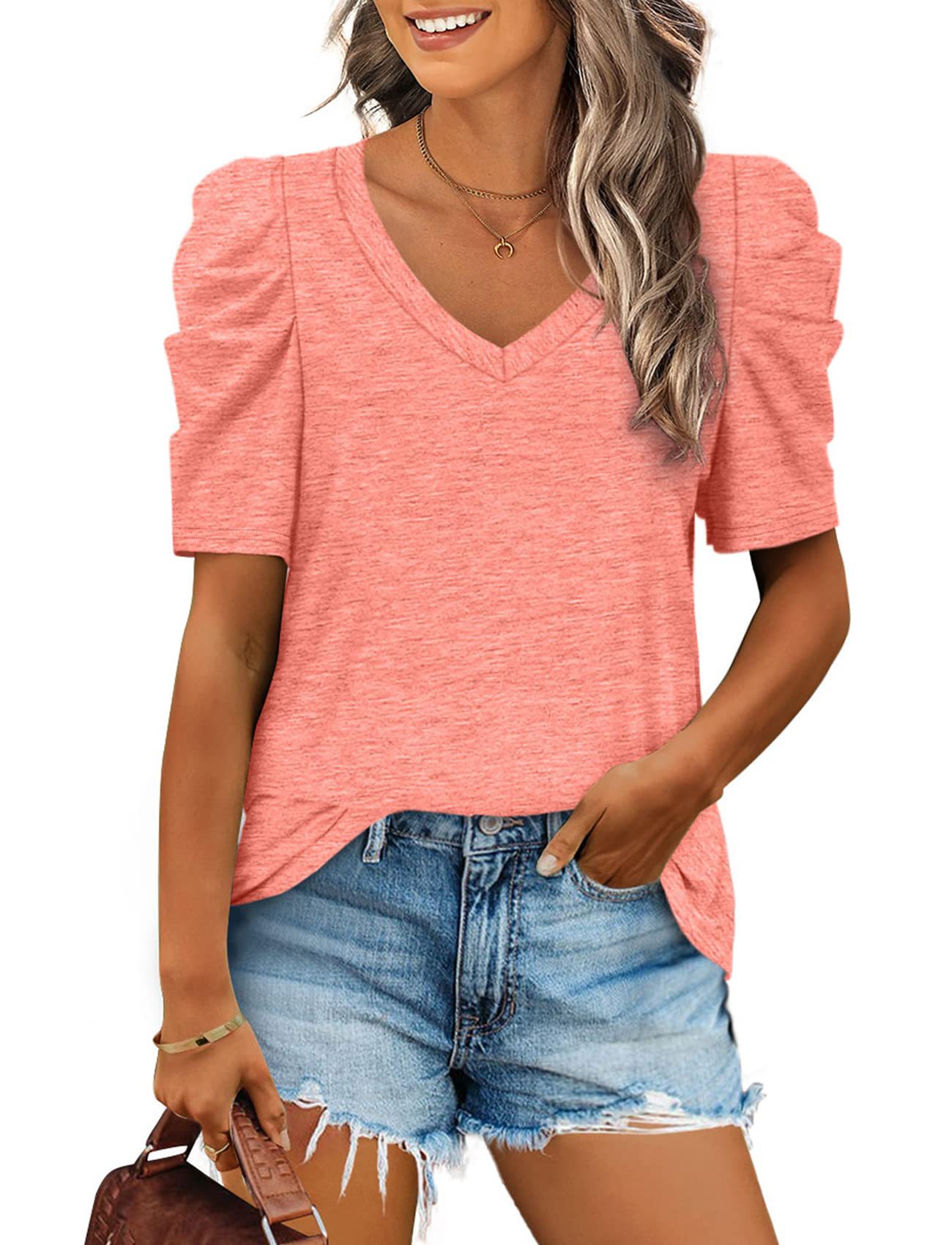 Women's Summer Shirts V-Neck Casual T-Shirts Puff Sleeve Top Women's Solid Color S-2XL