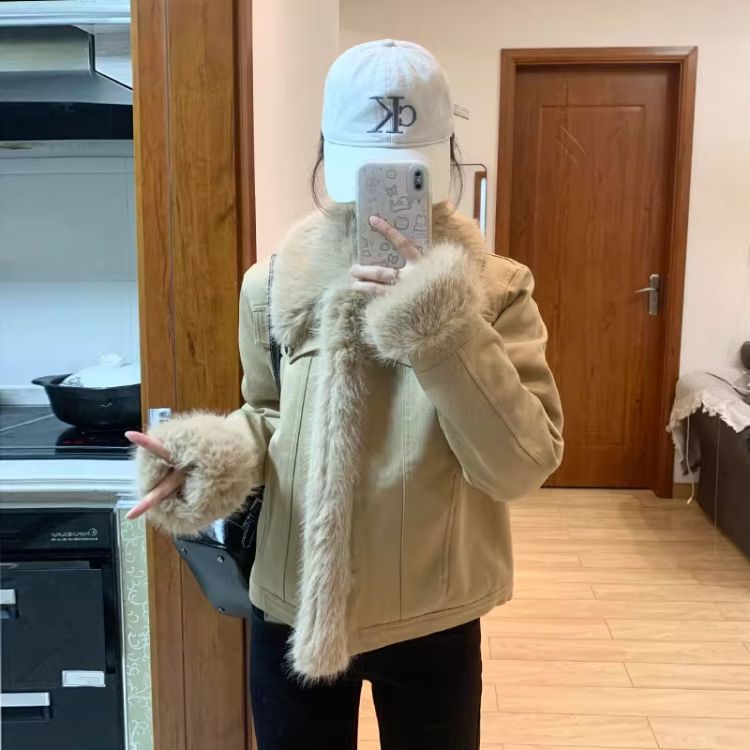 小个子加厚美拉德复古毛毛皮草外套女新短款仿狐狸毛牛仔棉服
