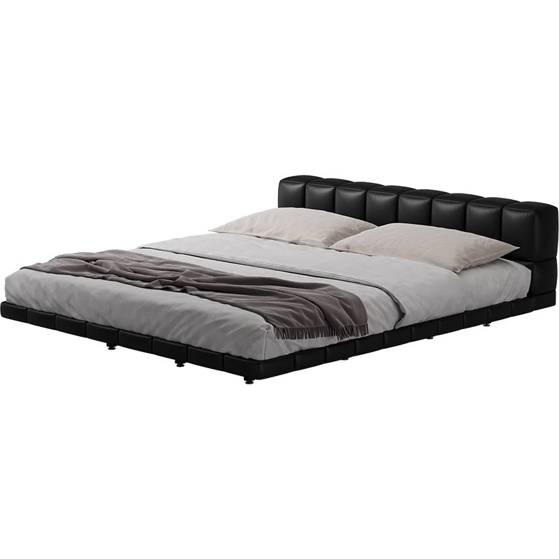 Bloqueo de tofu cama de suspensión minimalista italiana cama de cuero cama doble de piel de vaca cama principal cama de matrimonio cama de cuero negro
