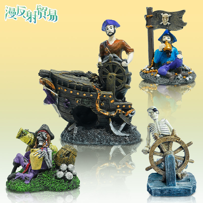 Acuario pequeño pecera decoración de paisajismo punto esqueleto capitán decoración esqueleto al por mayor humanoide naufragio sólido