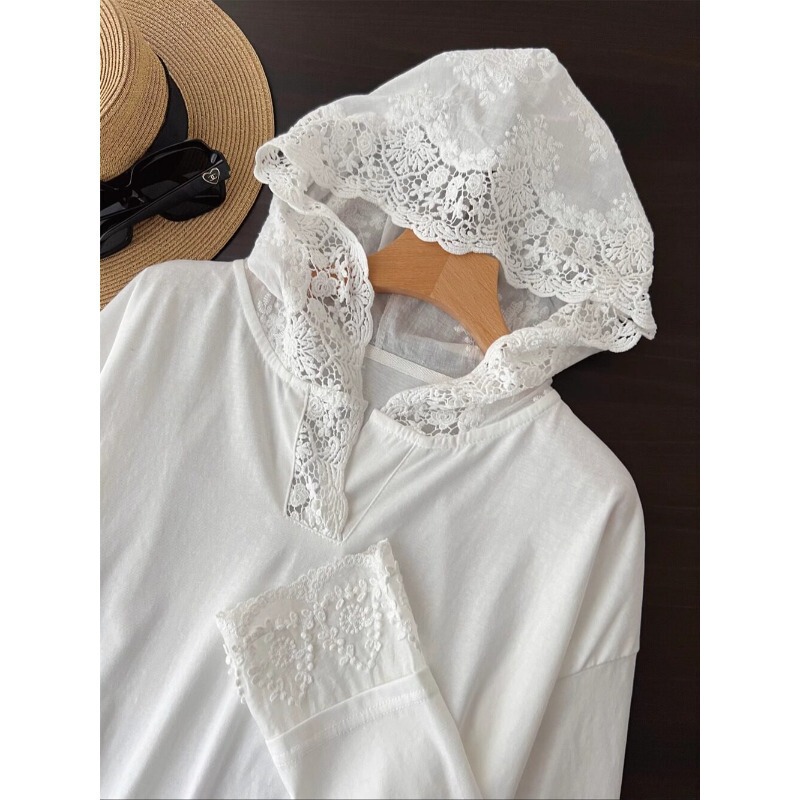Niche Designer Spicy Girl Slim-Fit Lace Patchwork Long-Sleeve T-Shirt Hooded Top Base Shirt for Women H031708