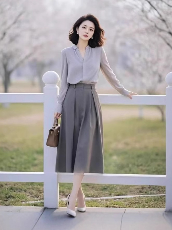 秋季新款气质穿搭一整套高级感轻奢女装通勤衬衫半身裙两件套装|undefined