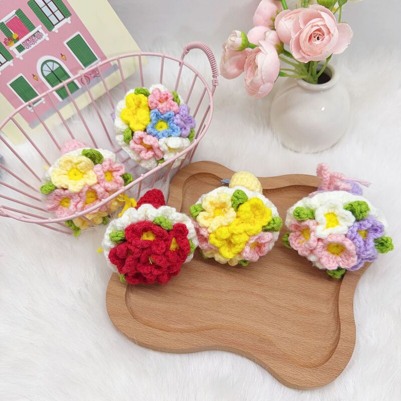 Knitted Hibiscus Flower Bouquet Accessories, Creative Crochet Flower Bouquets, Handmade Crochet Mini Bouquets, Simulated Roses