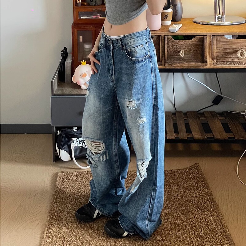 Washed Ripped Jeans Men's Straight Loose Wide-Leg American High Street Pants Trendy Brand Handsome Couple Casual Pants