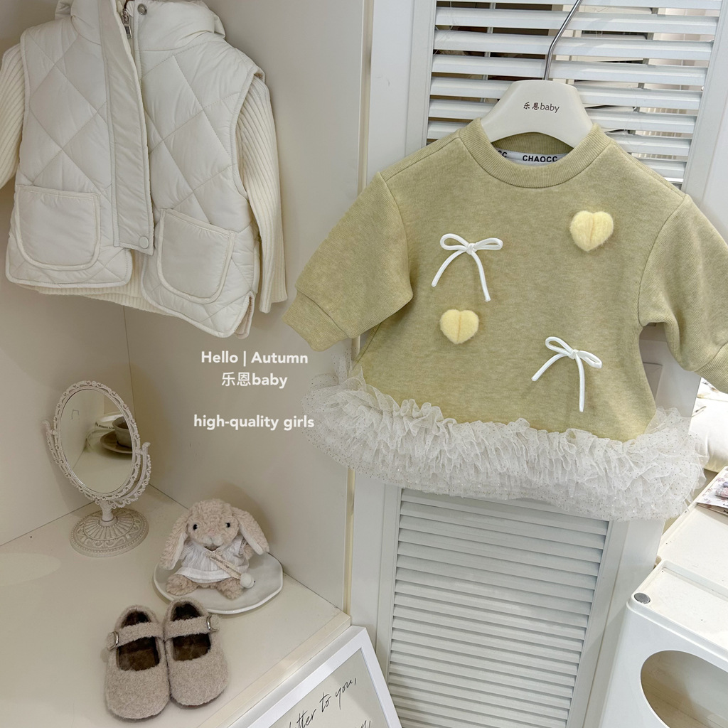 [Leen Ropa para niños] Vestido de invierno y año nuevo para niñas Suéter amarillo limón más falda de terciopelo Vestido de moda occidental para bebés