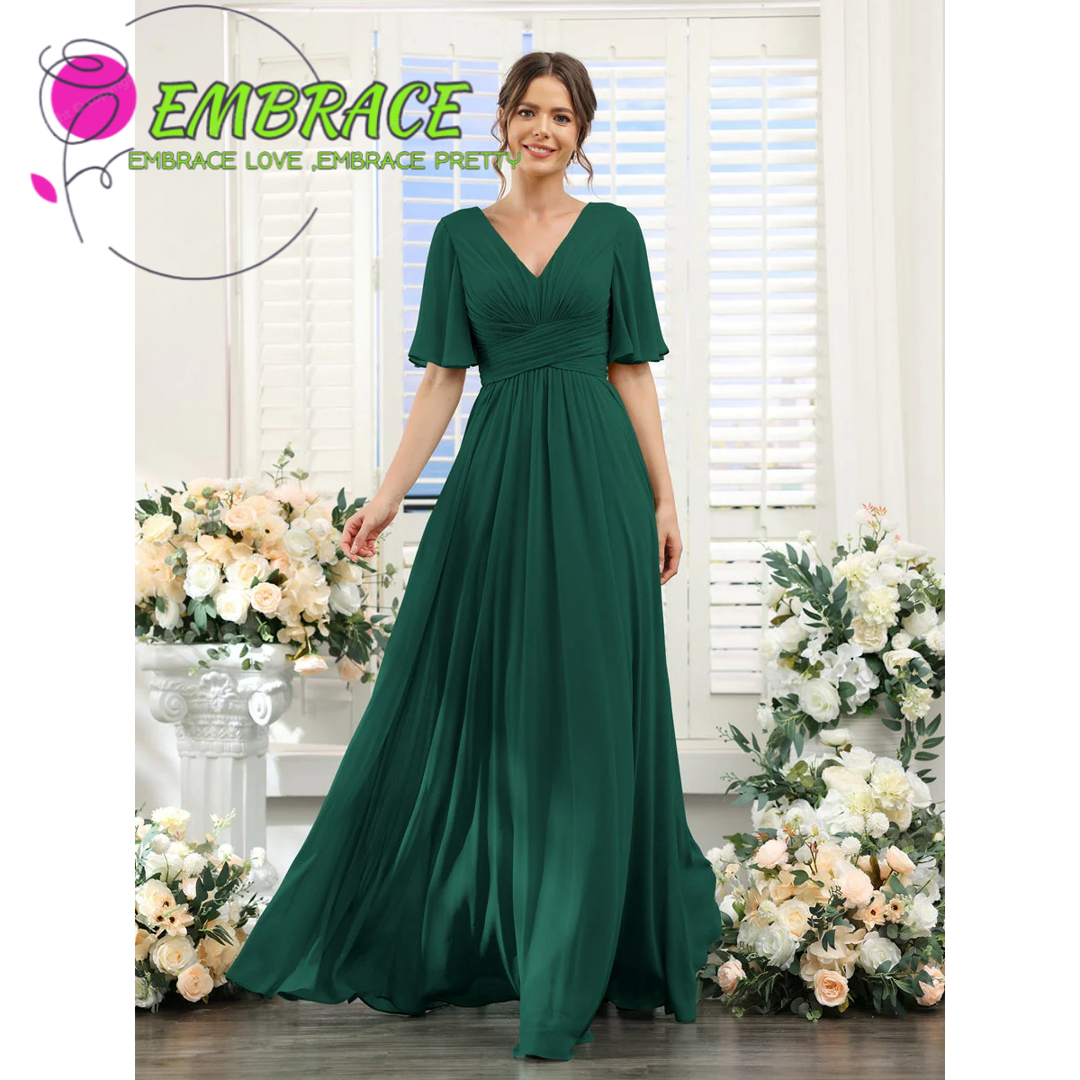 Verano nuevo vestido de noche de chiffon europeo y americano V-collar mangas mariposa novia vestido de damas de honor anfitriona de la fiesta vestido largo