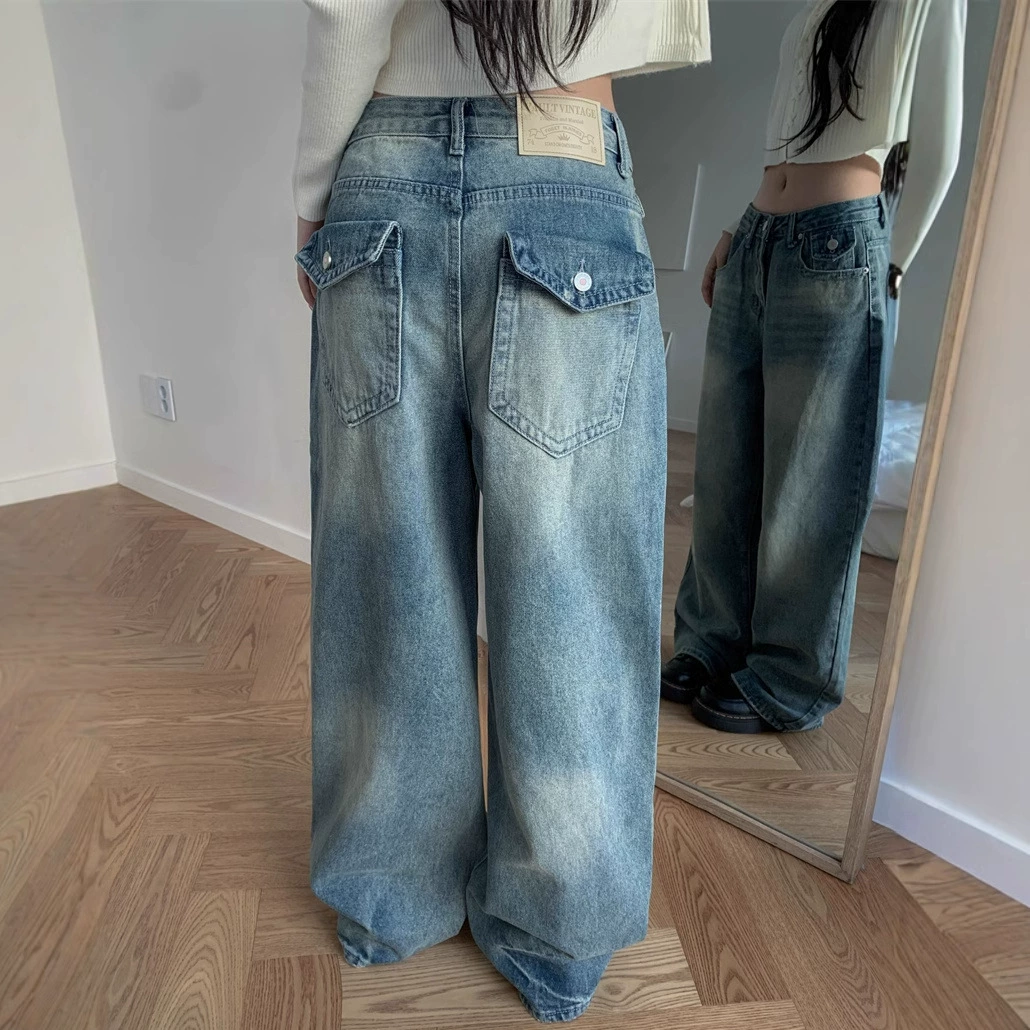 Корейские джинсы Dongdaemun, новинка ранней весны, с индивидуальным дизайном, карманами, винтажным эффектом и потертостями, широкие джинсы с завышенной талией.