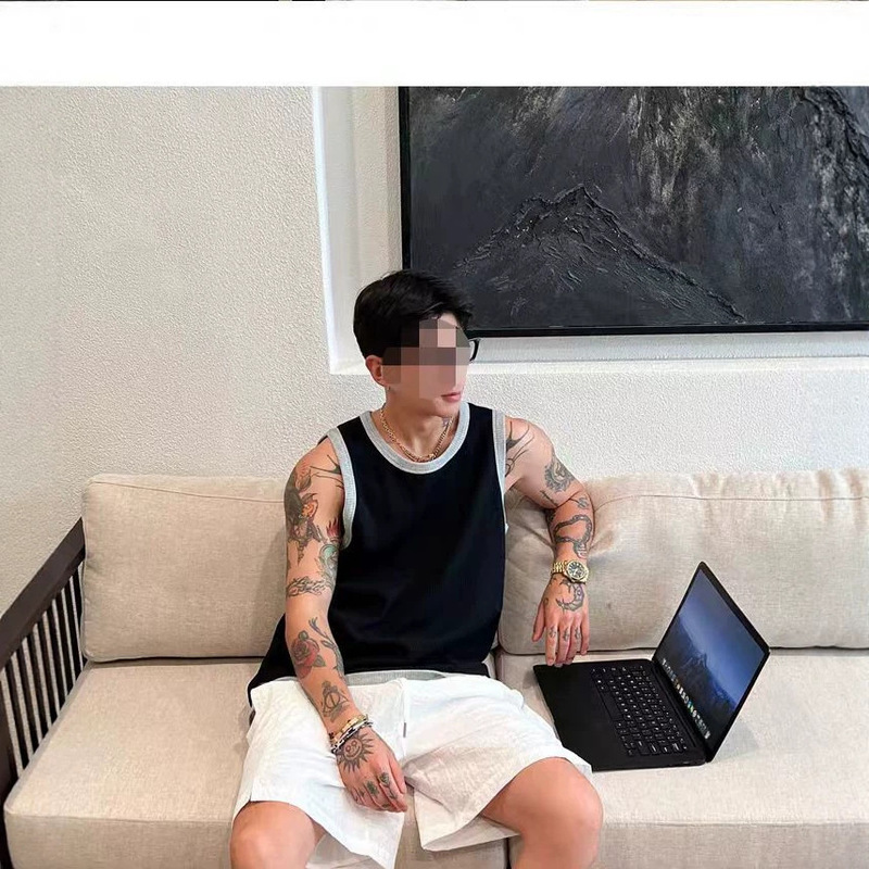"Contrast Color Patchwork Ribbed" Textured Pleated Old Money Style Men's Loose Round Neck Sleeveless T-Shirt Thin Style