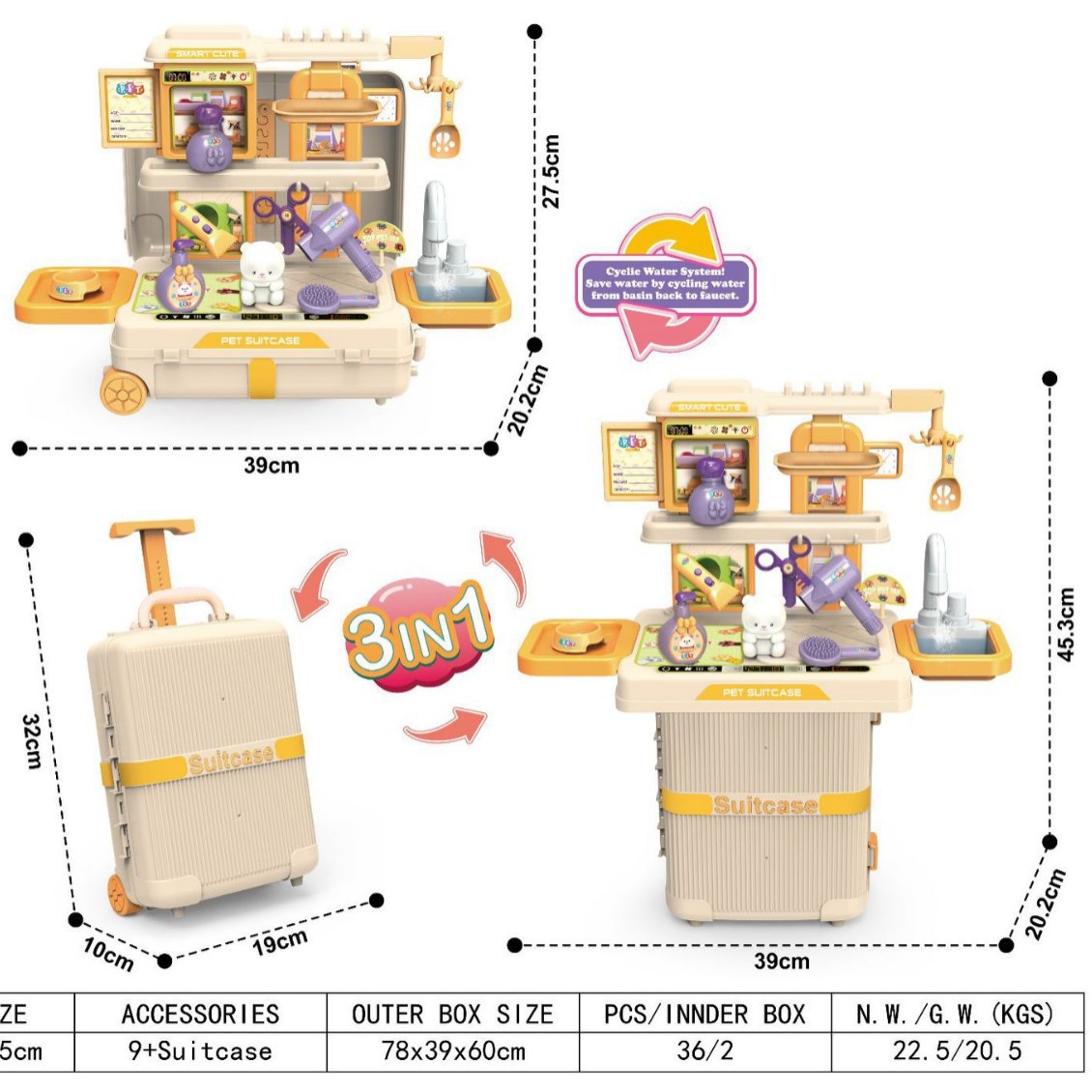 Simulación infantil transfronteriza 3 en 1 spray cocina postres juegos de joyas caseros caseros mascotas juguetes médicos