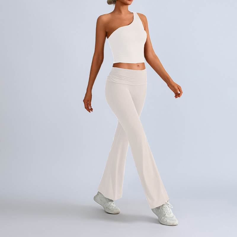Traje de yoga transfronterizo europeo y americano, top irregular de un solo hombro para mujer, deportes, fitness, caderas, pantalones anchos, pantalones micro