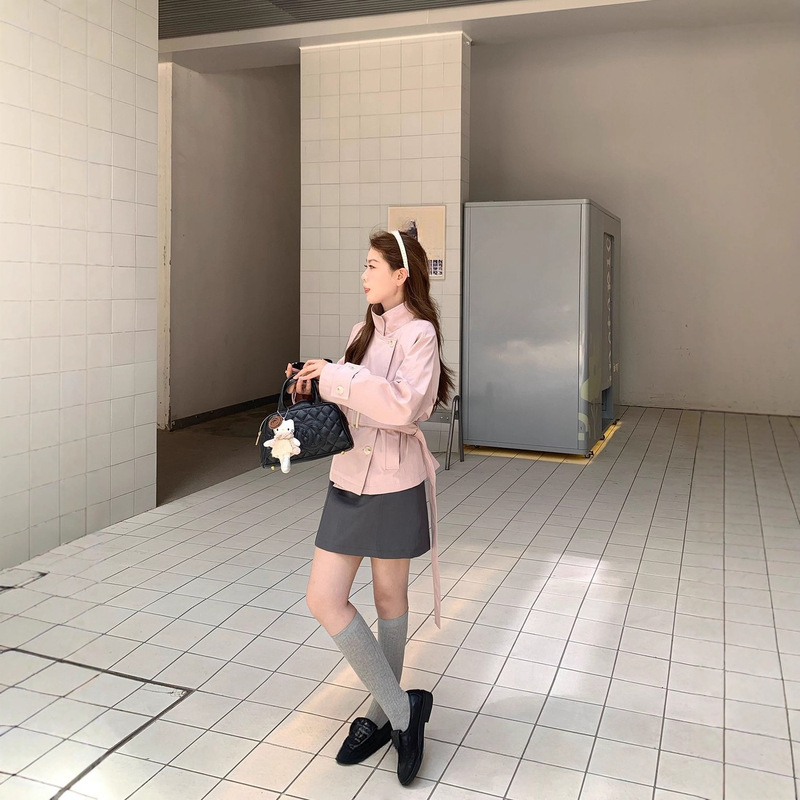 早秋2025新款韩系短款风衣外套女英伦风立领感百搭收腰上衣外套女|undefined