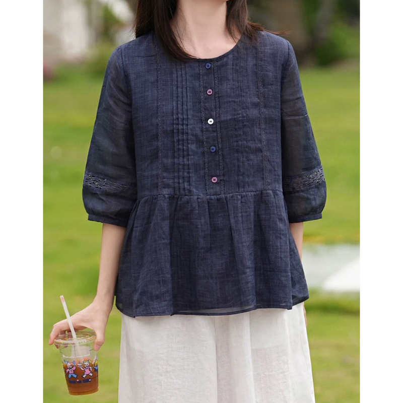 Original Design New Round Neck Half-Open Front Loose Fit Slimming Blouse with Lace Trim and Ramie Five-Quarter Sleeves for Women Original Design New Round Neck Half-Open Front Loose Fit Slimming Blouse with Lace Trim and Ramie Five-Quarter Sleeves for Women