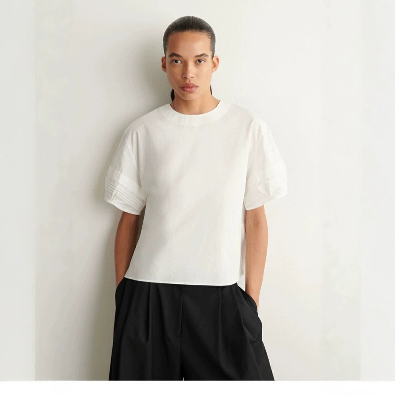 COS-style women's clothing, same style as in the mall, standard fit, fine pleated cotton shirt, women's off-white, new autumn 2026 product COS-style women's clothing, same style as in the mall, standard fit, fine pleated cotton shirt, women's off-white, new autumn 2026 product