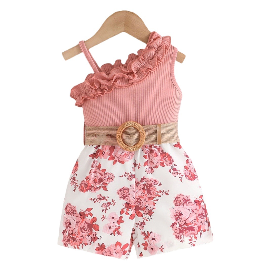 2024 transfronterizo nuevo verano sin mangas correa de encaje escote costura flor imprimir mono en stock al por mayor