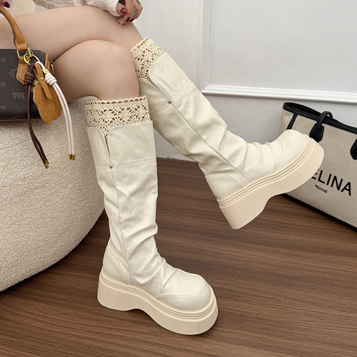 Vintage British-style white chunky-sole boots for women | 2025 new autumn design—long thigh-high boots that pair beautifully with skirts, creating a slimming, knight-inspired look