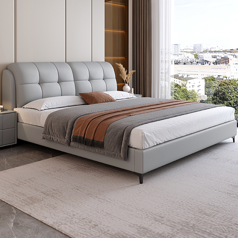 New Italian-Style Genuine Leather Bed for Master Bedroom, Modern Simple Light Luxury Double Solid Wood Upholstered Double Bed 1.68m